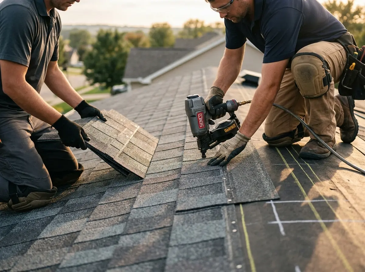 Professional roofer working on a residential roof in Laketown